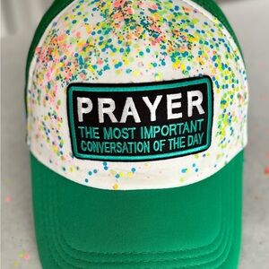 #SOLD# Green and White Cap with Colorful Speckles
Also made w/o embellishments